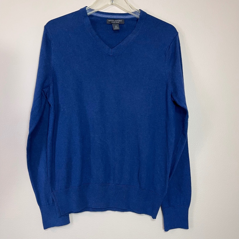 Banana‎ Republic Luxury Blend V Neck Sweater Mens M Blue Silk Cashmere Cotton
